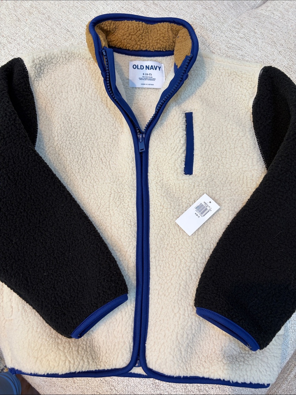 Old Navy Cream Sherpa Jacket with Black Sleeves & Blue Trim